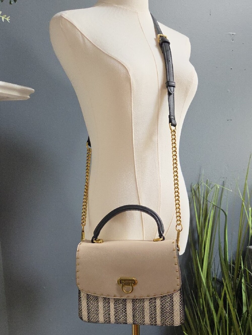 Beige and Black Top-Handle Satchel with Removable Gold Chain Strap - Picture 7 of 9